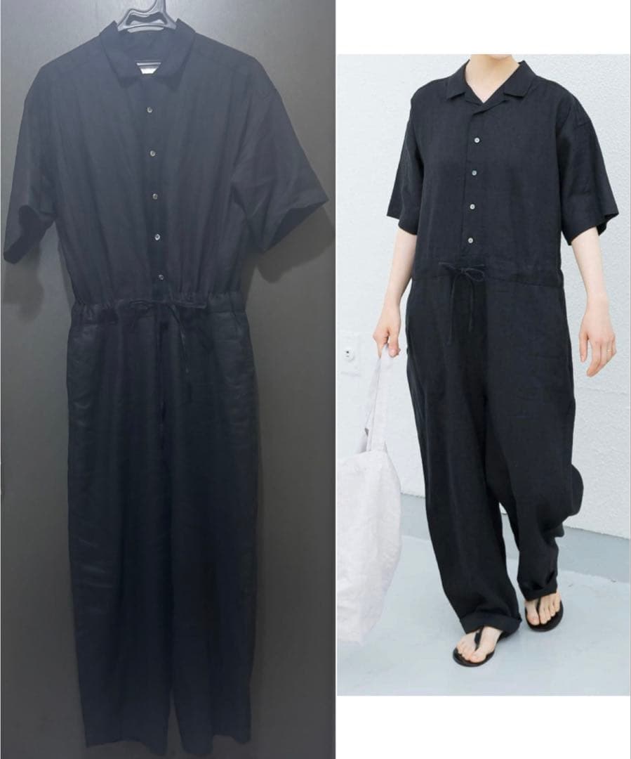 かぐれ リネンハーフスリーブ オールインワン 黒