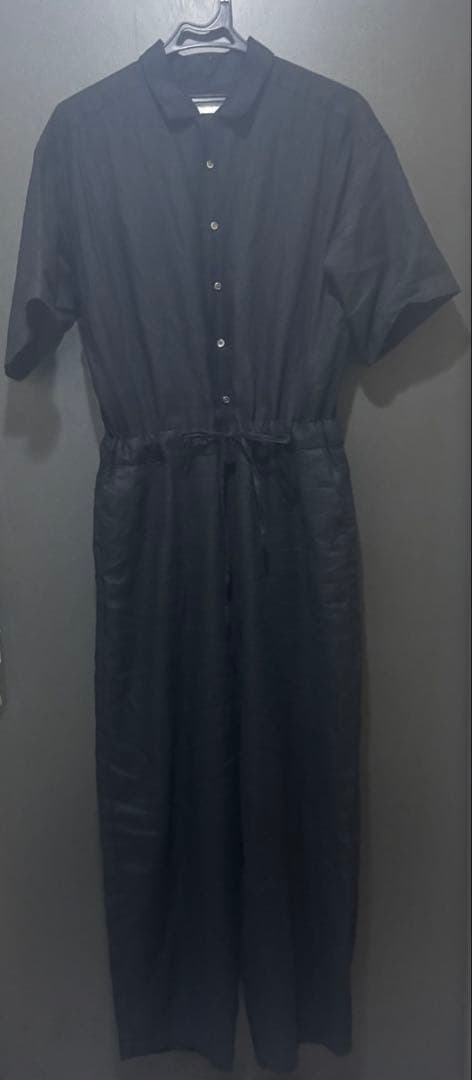 かぐれ リネンハーフスリーブ オールインワン 黒