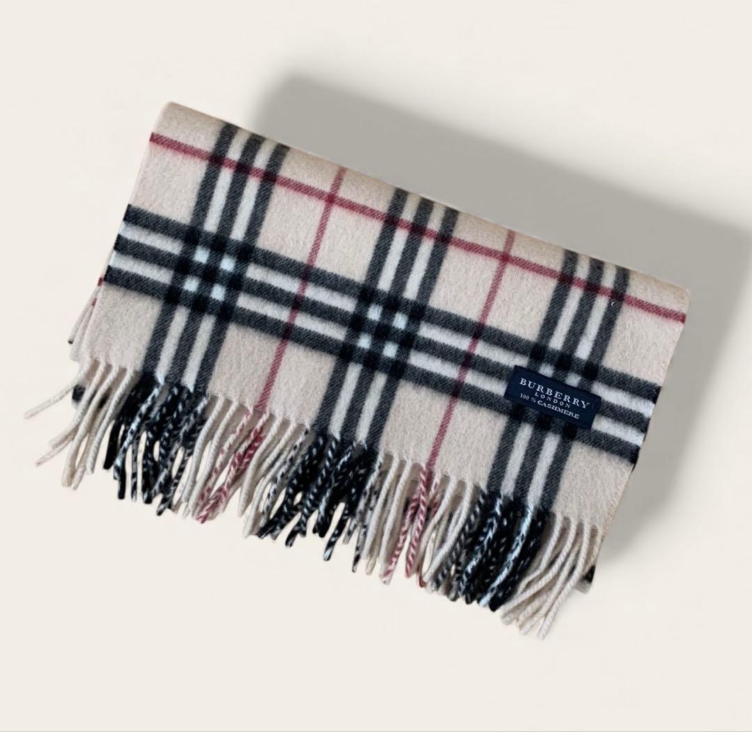 美品 バーバリーロンドン カシミヤ100% ノバチェック マフラー ベージュ