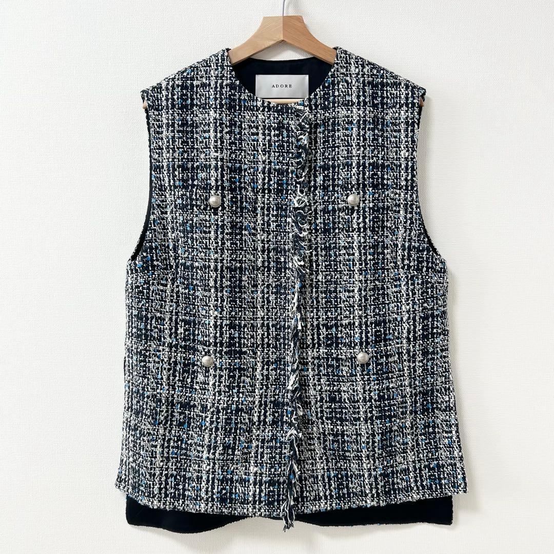 美品✨ADORE ファンシーツイードベスト ジレ フリンジ　ブルー　38