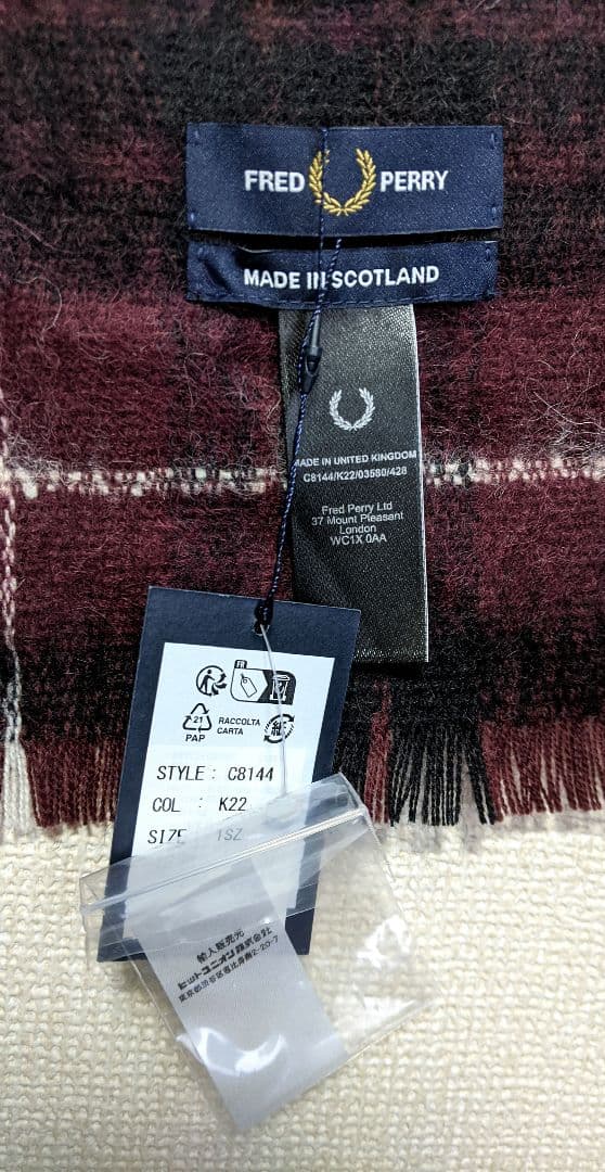 【FRED PERRY】マフラー/スカーフ/チェック/ウール/刺繍/ロゴ/新品