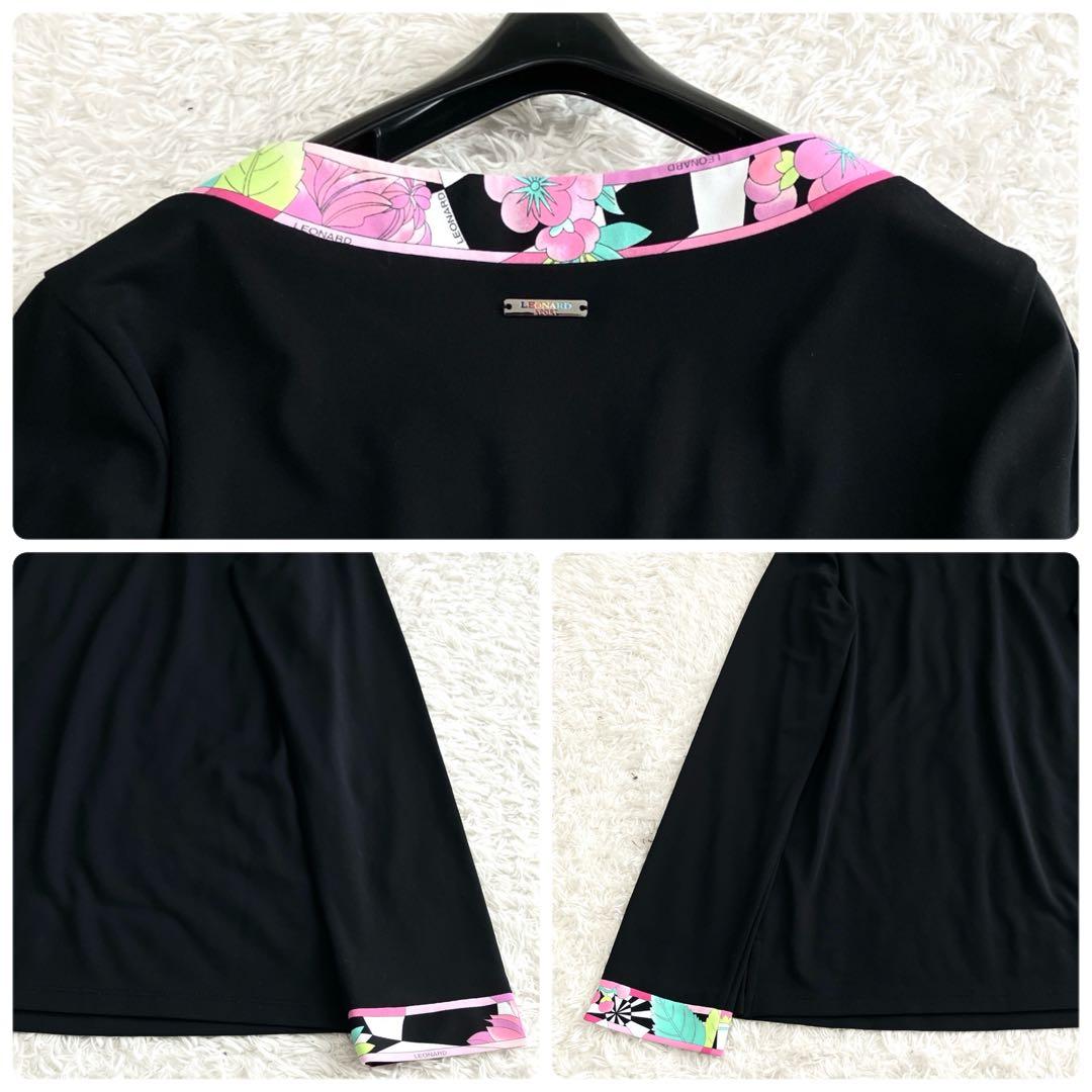 レオナール✨カットソー トップス トリム 花 ロゴプレート 黒 ピンク 40