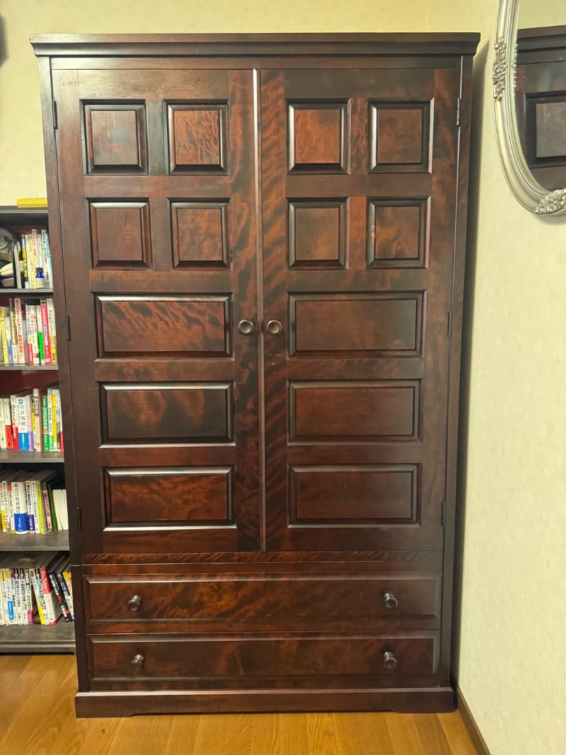 【重厚無垢調】大型 木製ワードローブ 洋服タンス 引き出し付き ダークブラウン