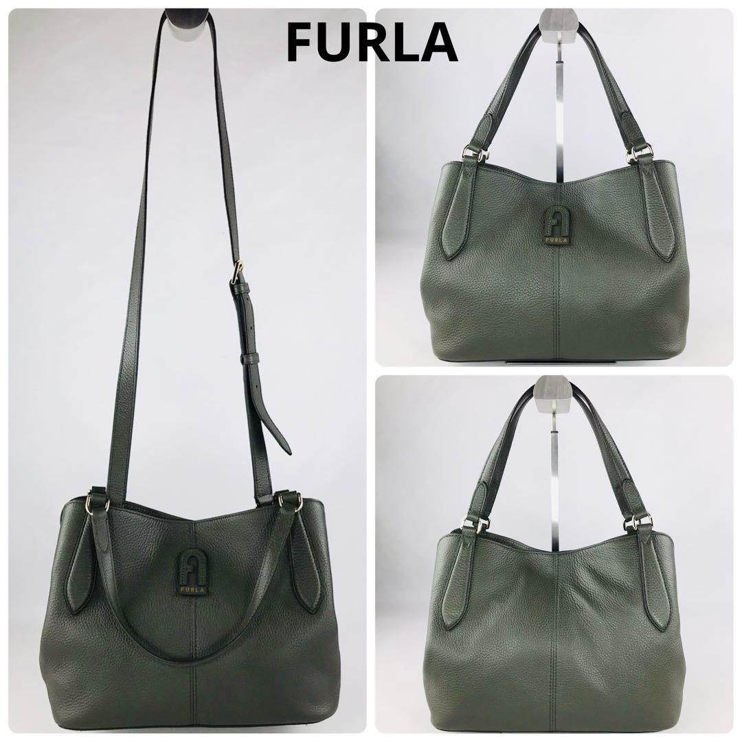 極美品 FURLA フルラ ダフネ 2way ショルダーバッグ レザー カーキ