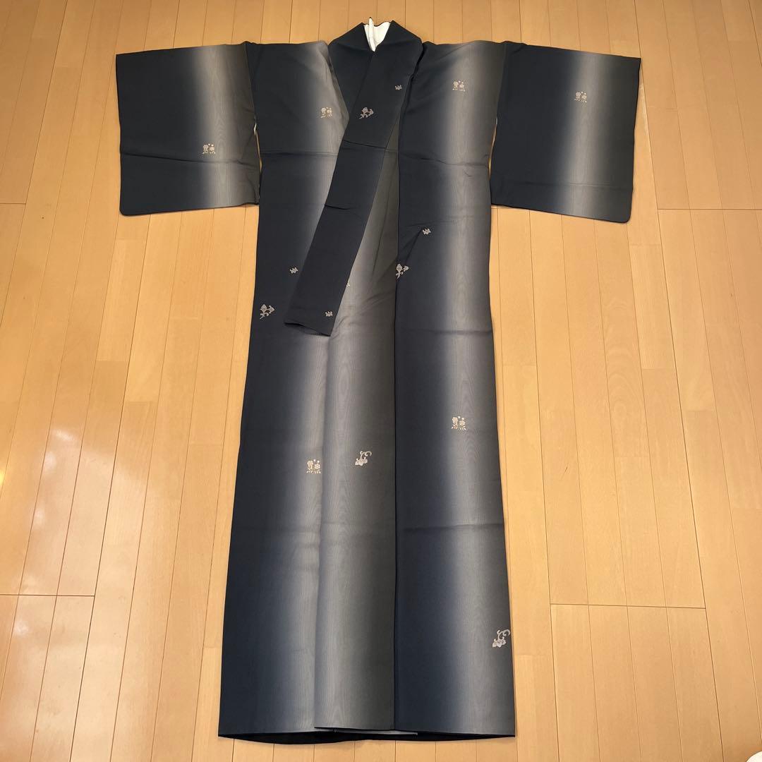 ＊Micha＊小紋 正絹 縦暈し 藍鉄色墨色 ガード加工トールサイズ 美品