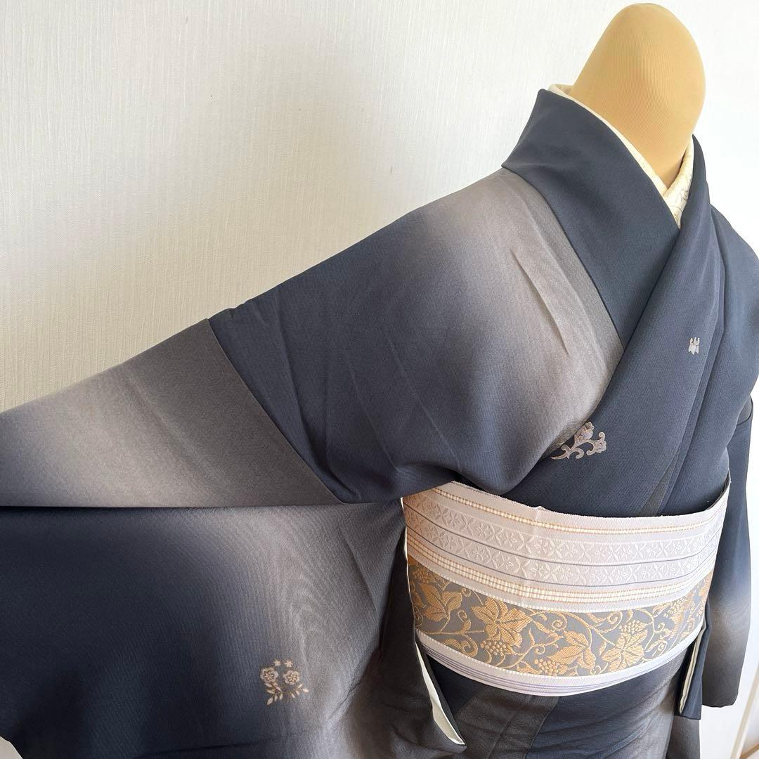 ＊Micha＊小紋 正絹 縦暈し 藍鉄色墨色 ガード加工トールサイズ 美品