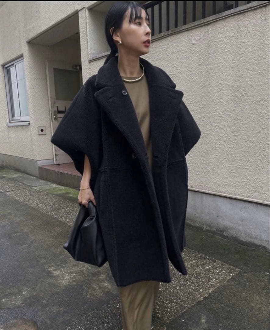 ameri vintage リバーシブルボアポンチョケープコート ブラック