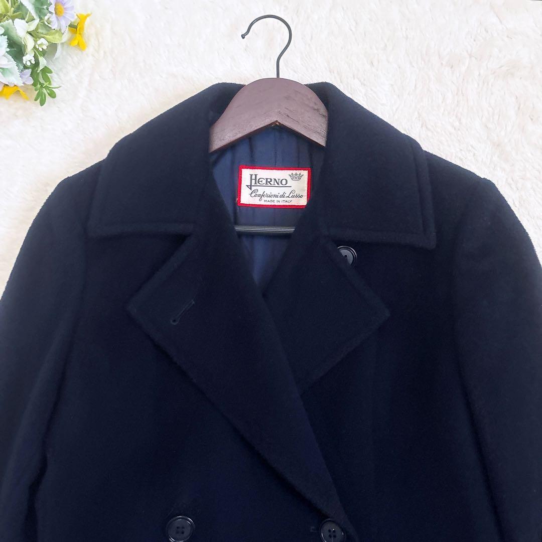 HERNO スカーフ柄 カシミヤ混 ダブル チェスターコート 紺色 F 美品