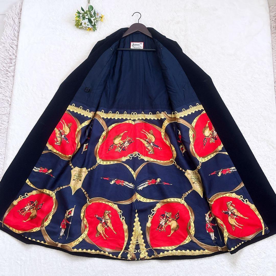 HERNO スカーフ柄 カシミヤ混 ダブル チェスターコート 紺色 F 美品