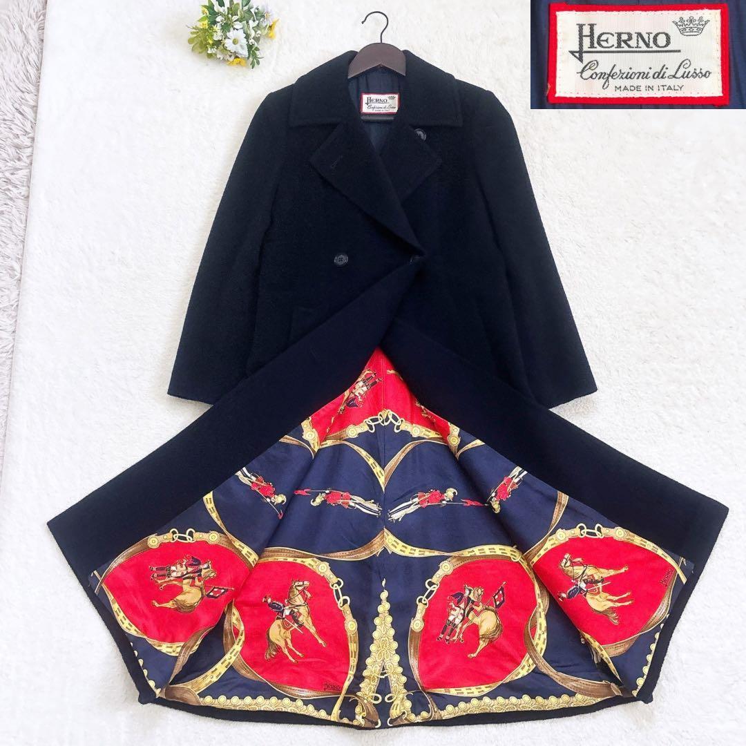 HERNO スカーフ柄 カシミヤ混 ダブル チェスターコート 紺色 F 美品