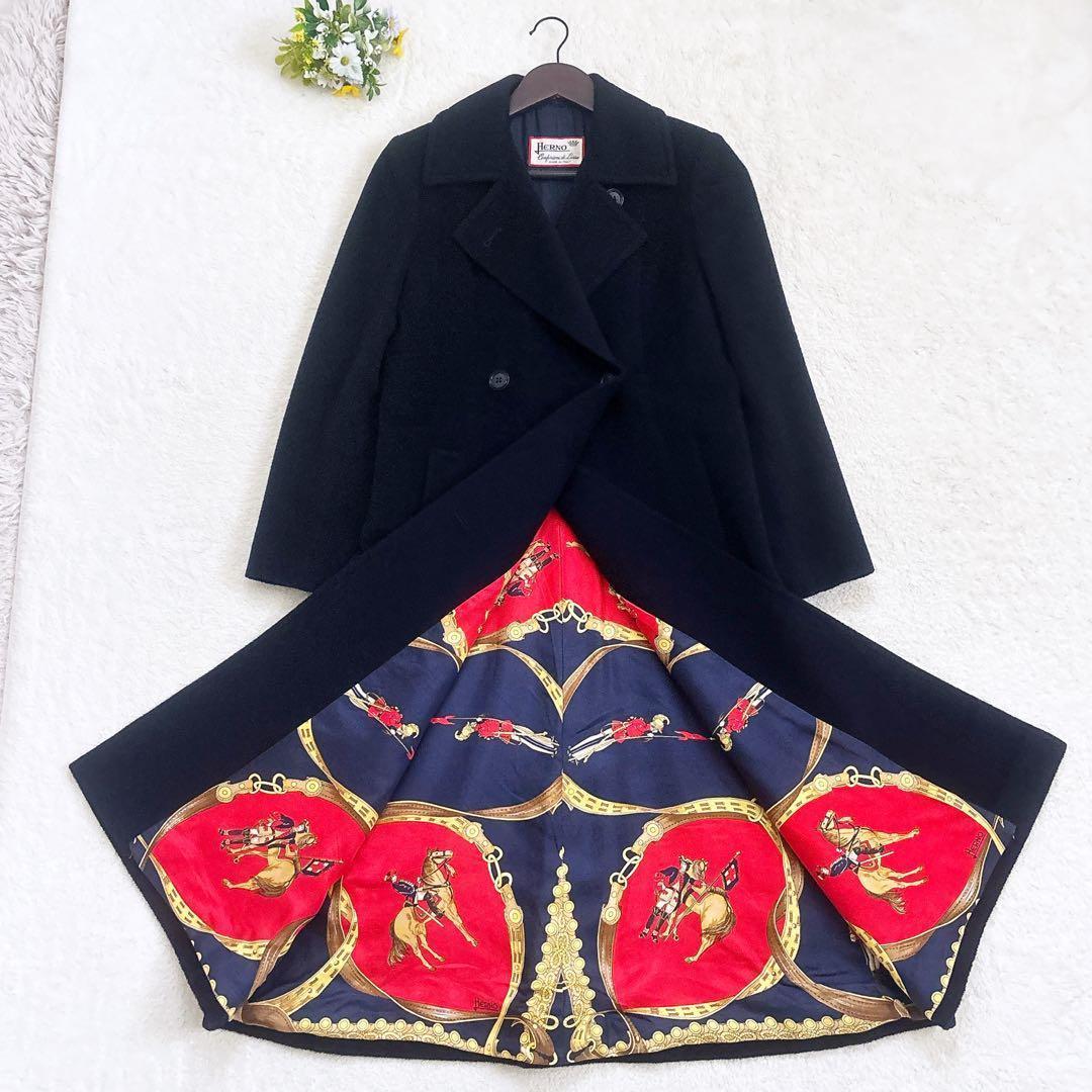 HERNO スカーフ柄 カシミヤ混 ダブル チェスターコート 紺色 F 美品