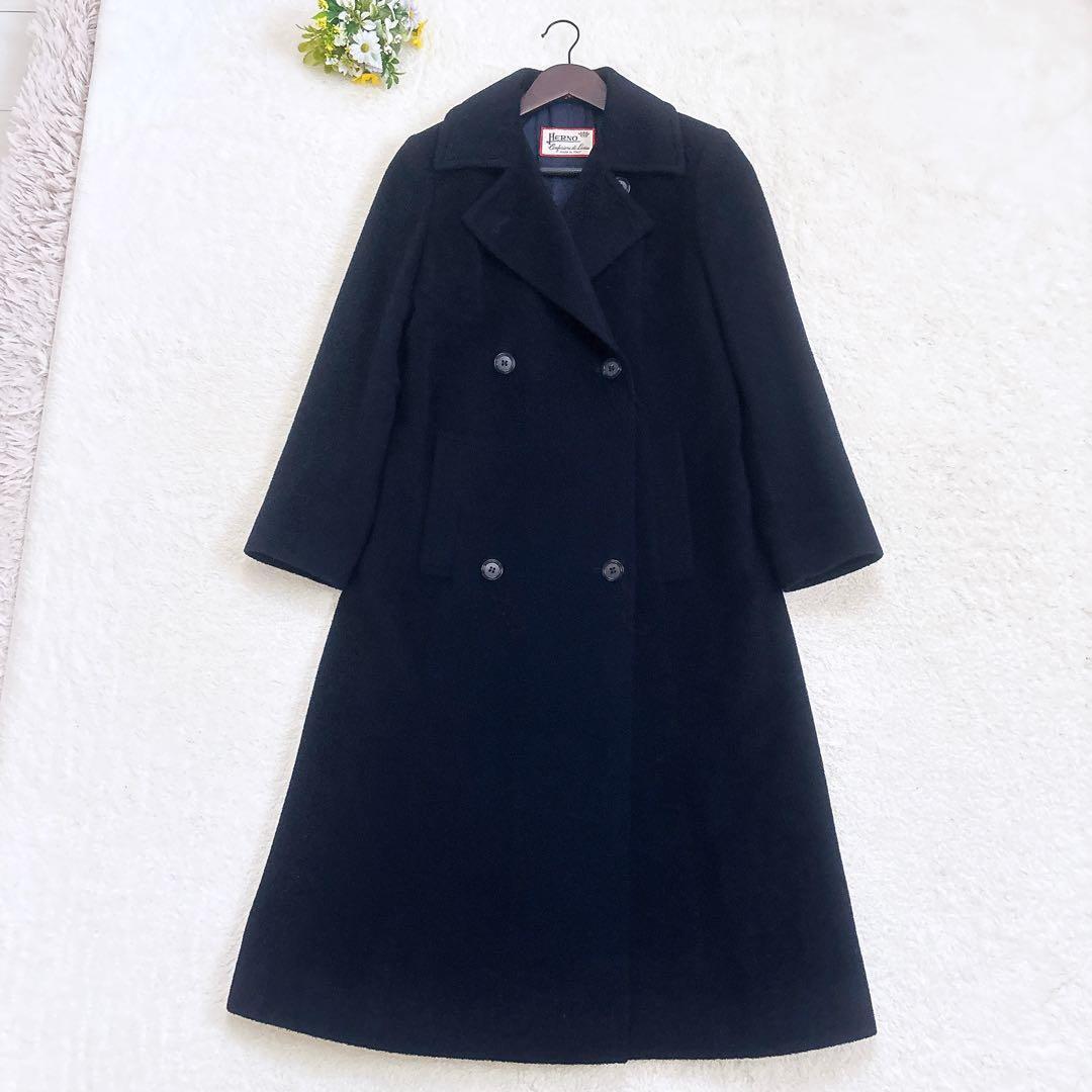 HERNO スカーフ柄 カシミヤ混 ダブル チェスターコート 紺色 F 美品