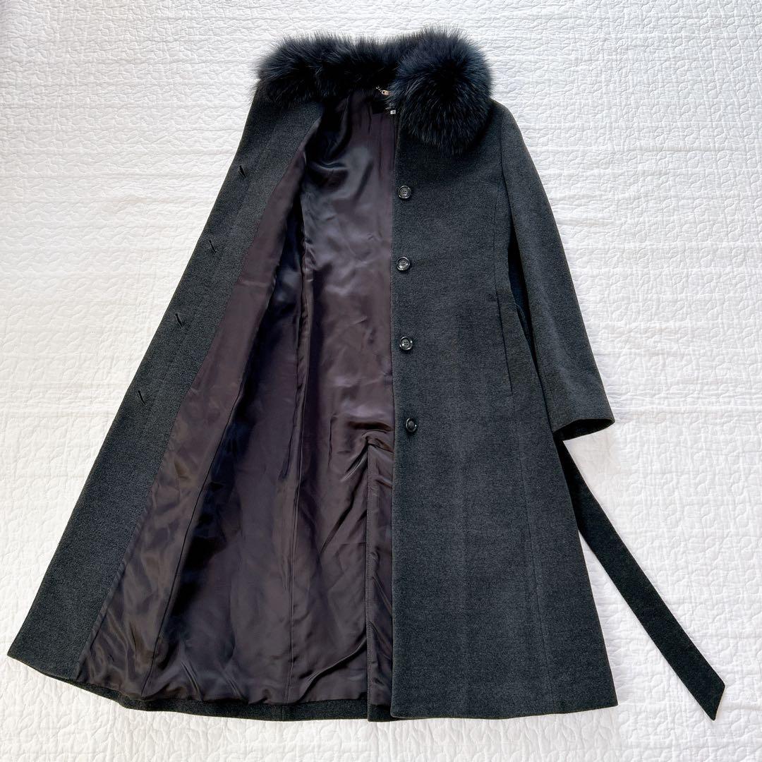 INED アンゴラ ロングコート グレー SAGAファー Aライン 9号