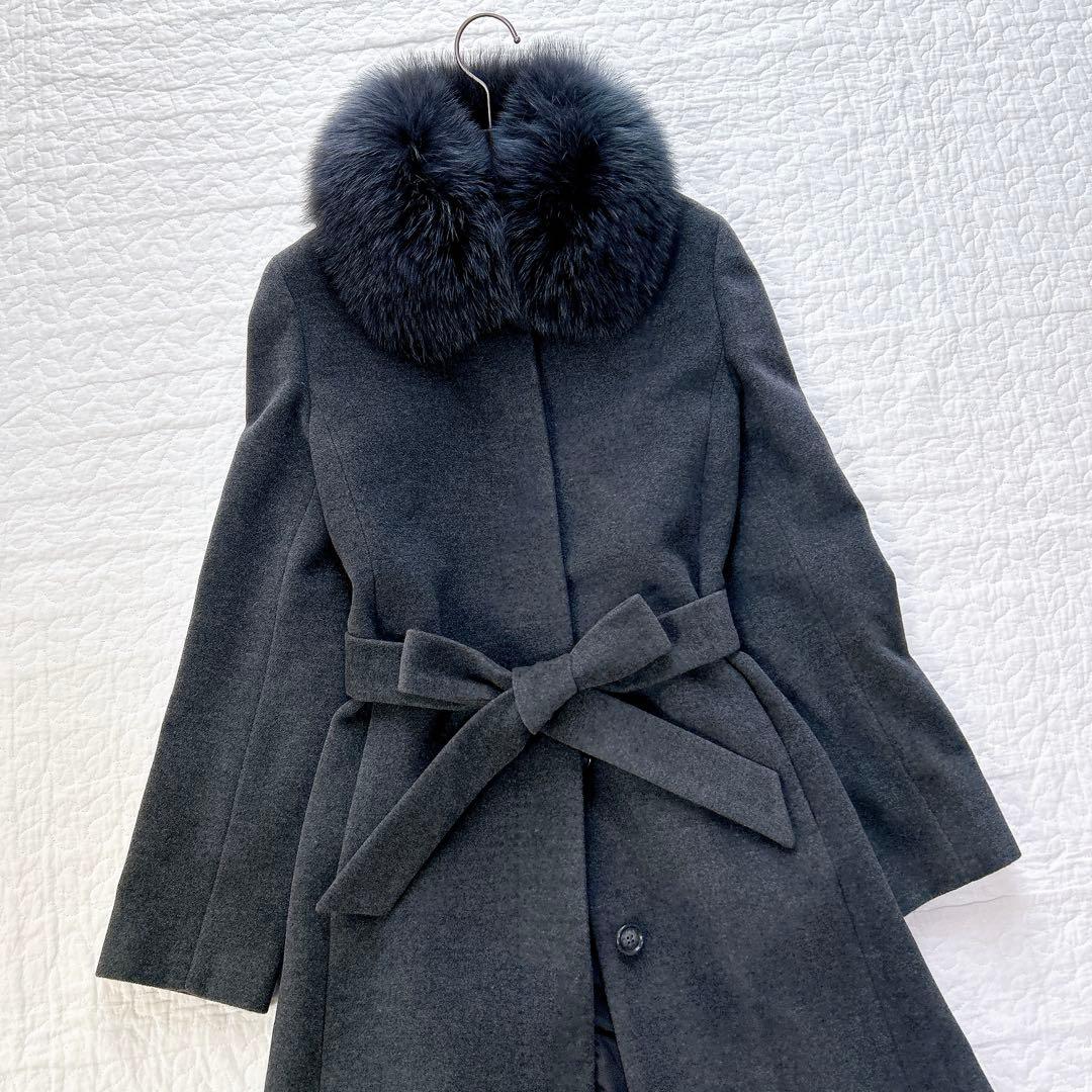 INED アンゴラ ロングコート グレー SAGAファー Aライン 9号
