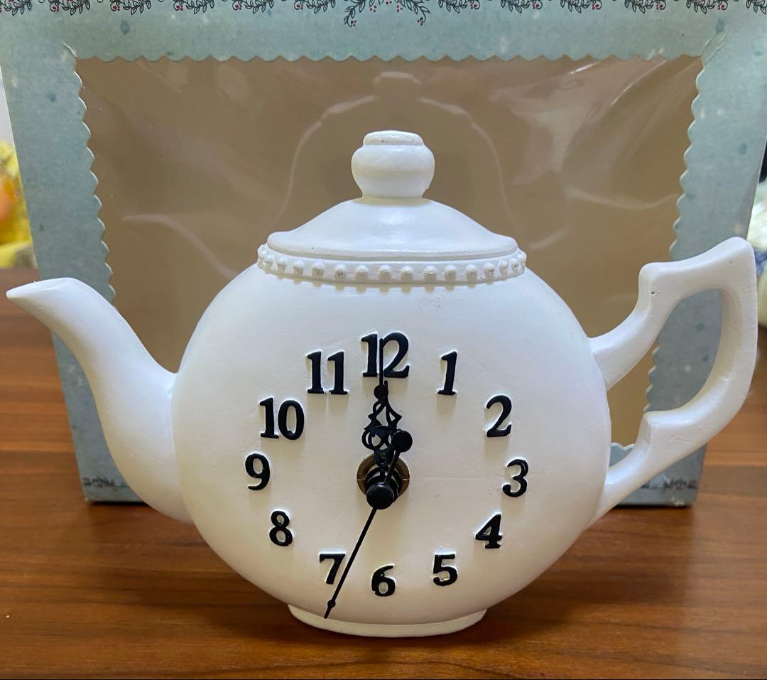 新品 ティーポット 陶器 置き時計 かけ時計 アフタヌーンティー 動作確認済み