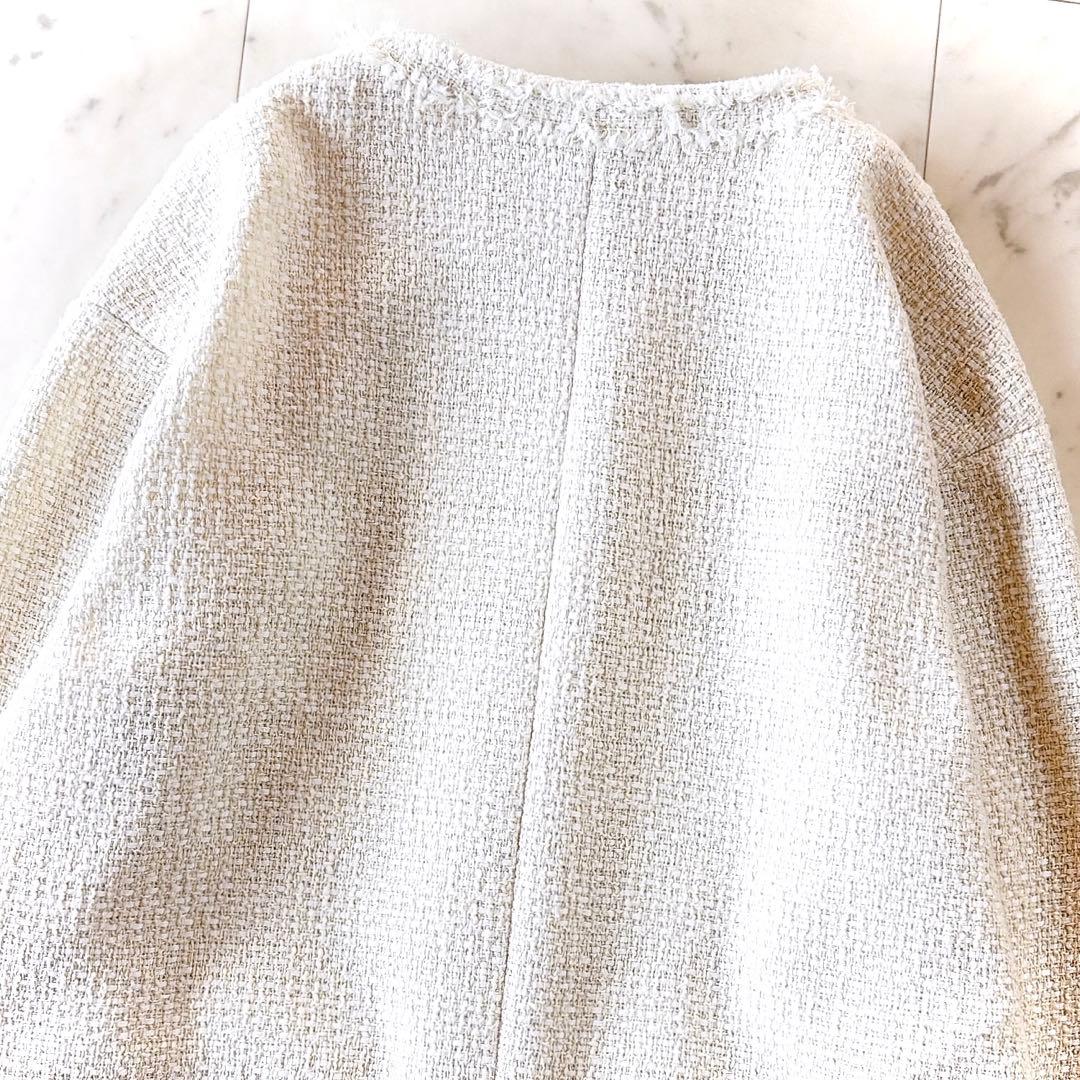 美品 シップスエニー ノーカラー カラーミックスツイードジャケット ホワイト