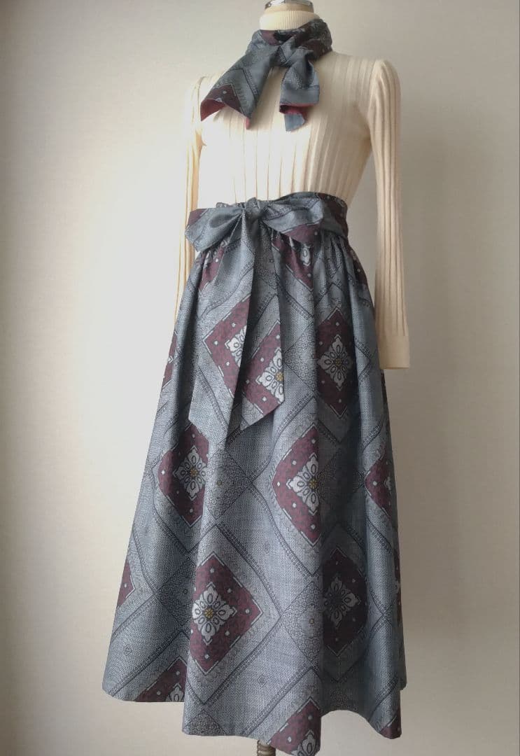 ❣️大島紬龍郷柄リメイクギャザースカート•ベスト セットアップ ストール付き
