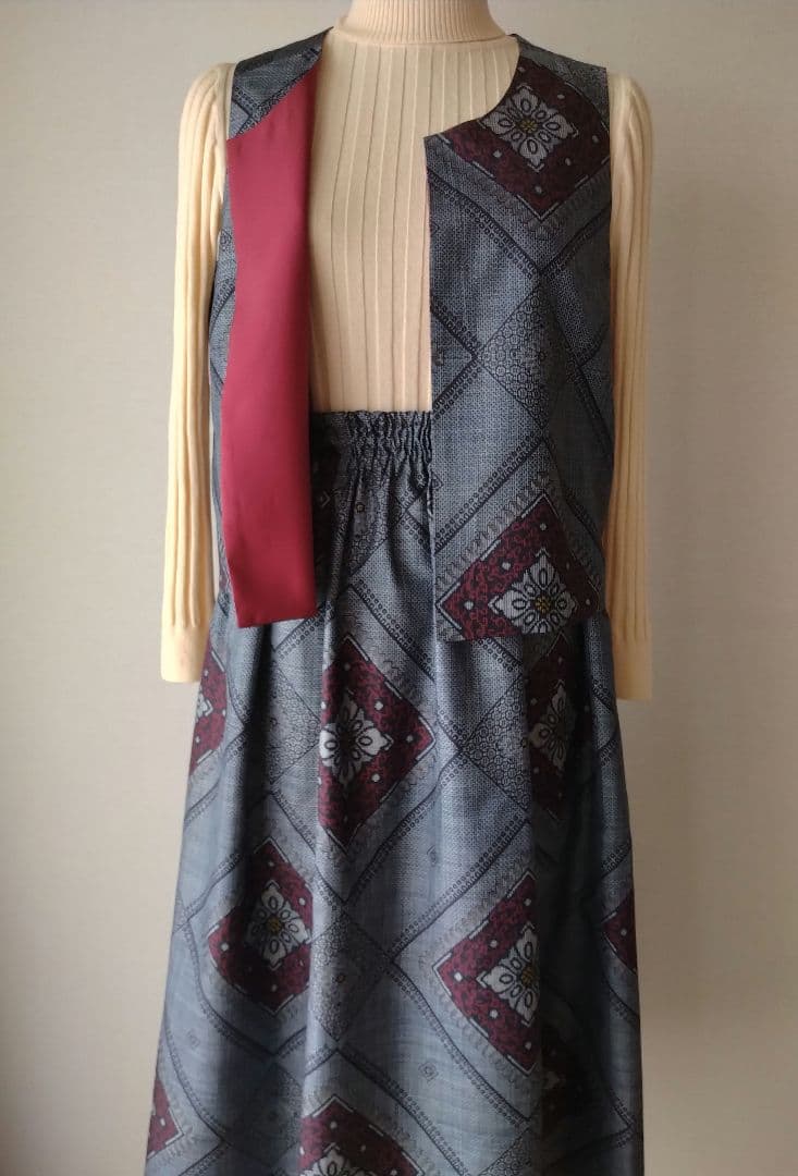 ❣️大島紬龍郷柄リメイクギャザースカート•ベスト セットアップ ストール付き
