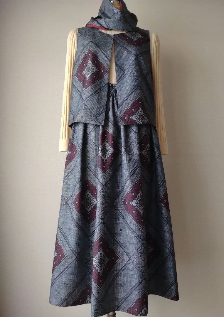 ❣️大島紬龍郷柄リメイクギャザースカート•ベスト セットアップ ストール付き