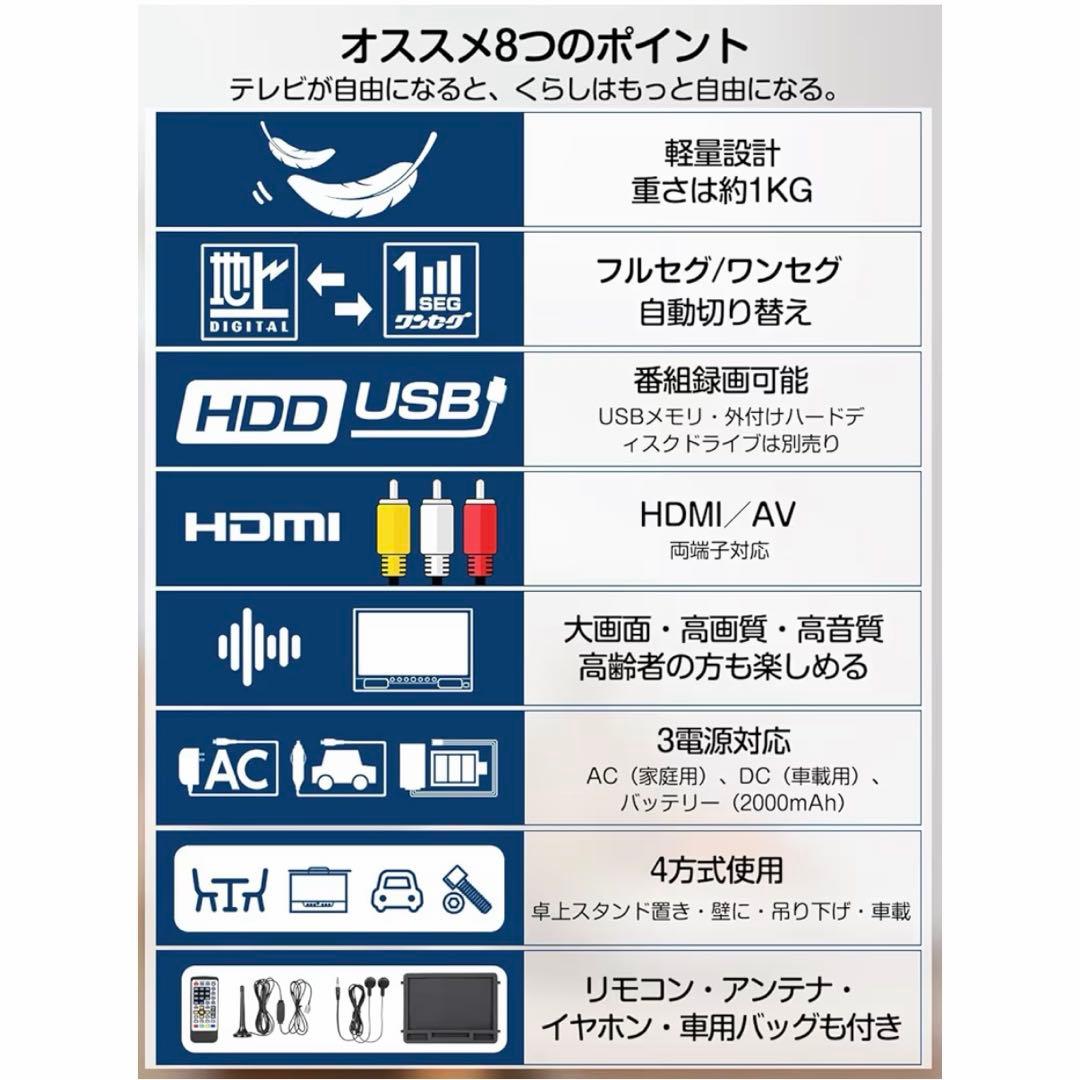 ポータブルテレビ 14.1インチ 録画機能付 車載ケース 3way電源 HDMI
