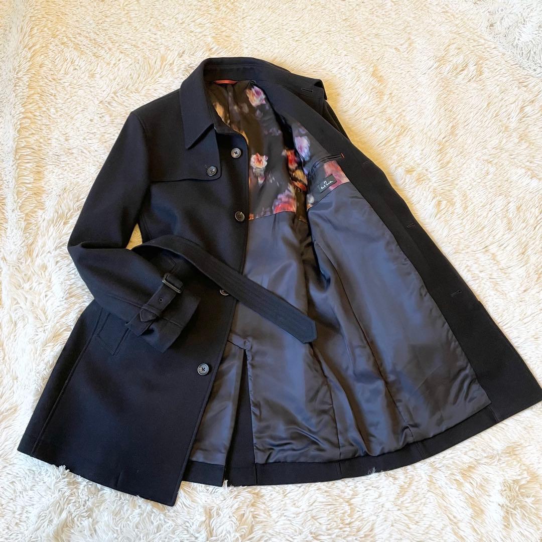 美品✨ポールスミス カシミヤ混 ロングコート ベルト ブラック 総裏地 フラワー