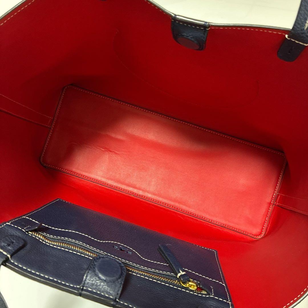 希少　トリーバーチ　トートバッグ　パンチングロゴ　A4可　レザー　ネイビー