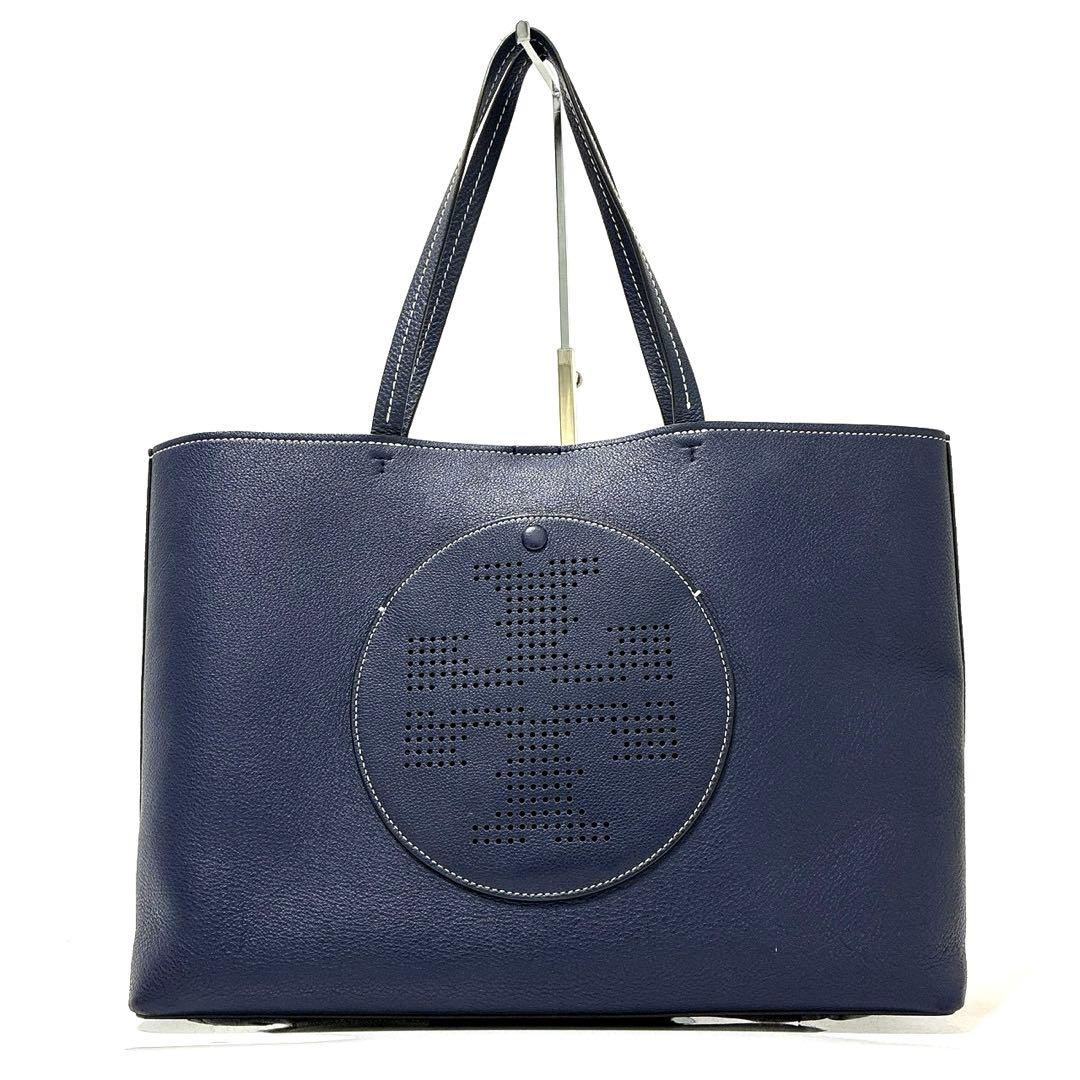 希少　トリーバーチ　トートバッグ　パンチングロゴ　A4可　レザー　ネイビー