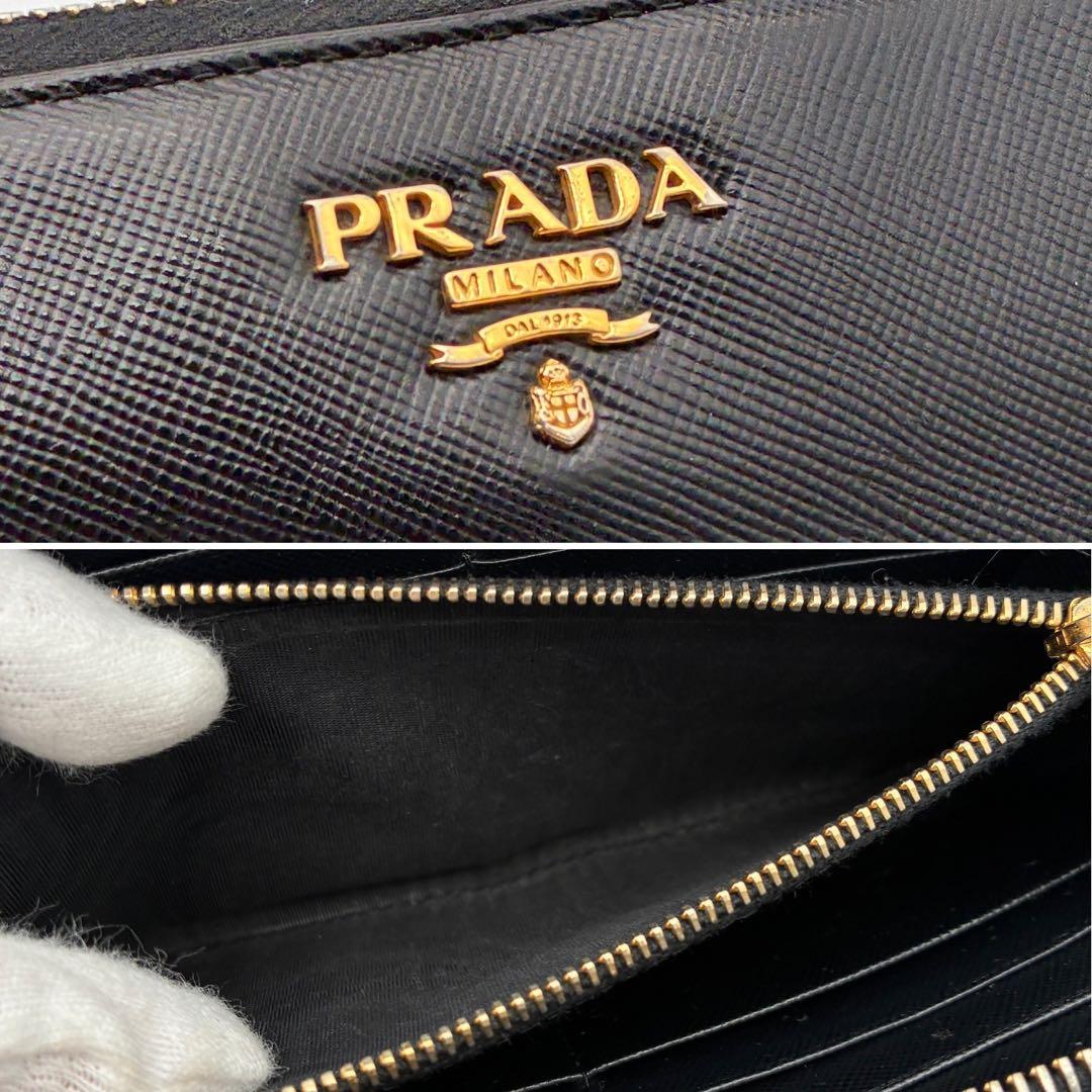 美品 プラダ 長財布 ゴールドロゴ サフィアーノレザー ラウンドジップ ブラック