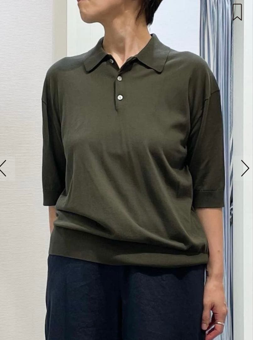 【新品】ギャルリーヴィークレープコットン ポロカラープルオーバーダークグリーン