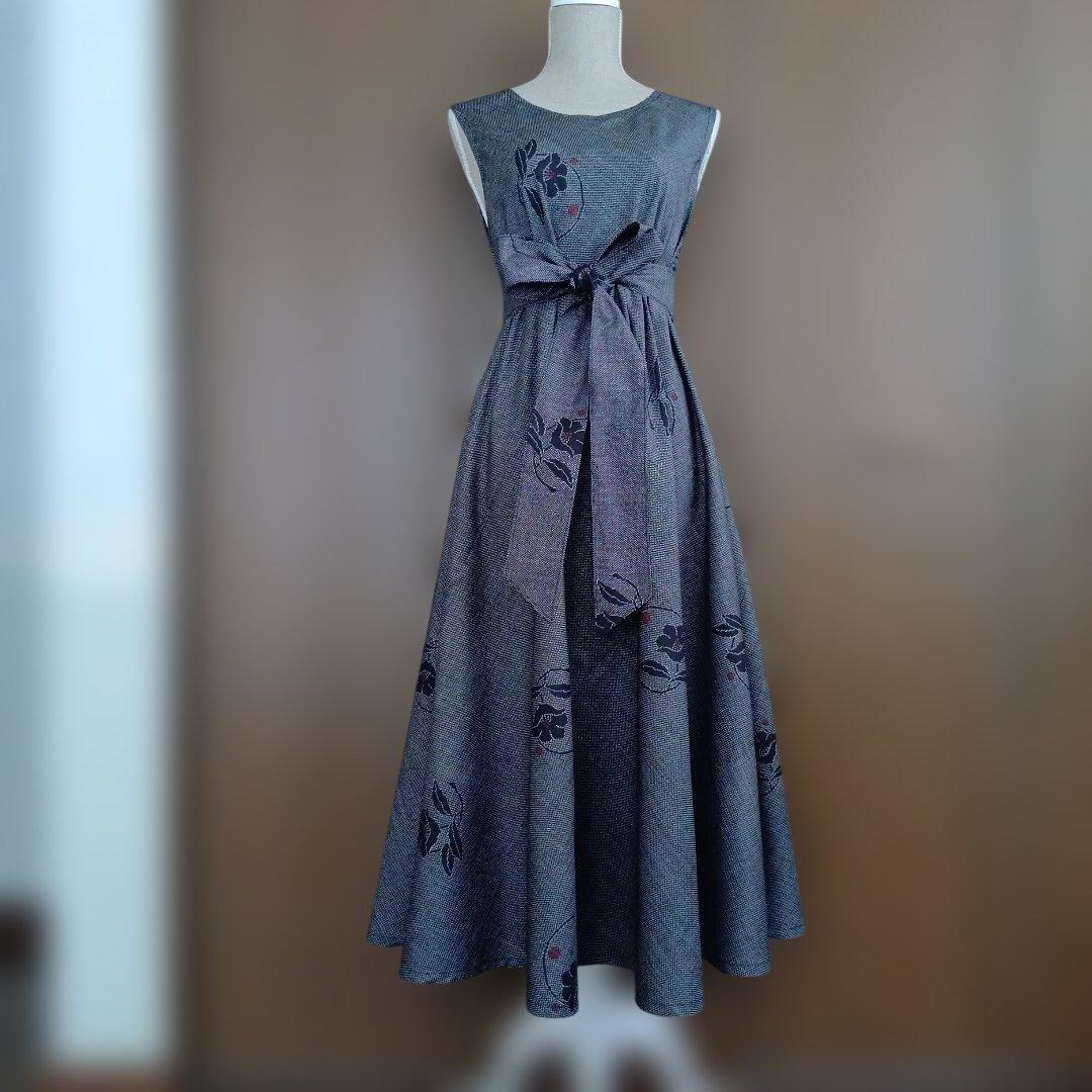 着物リメイク＊黒泥系７マルキ本場大島紬＊ノースリーブテント型フレアーワンピース