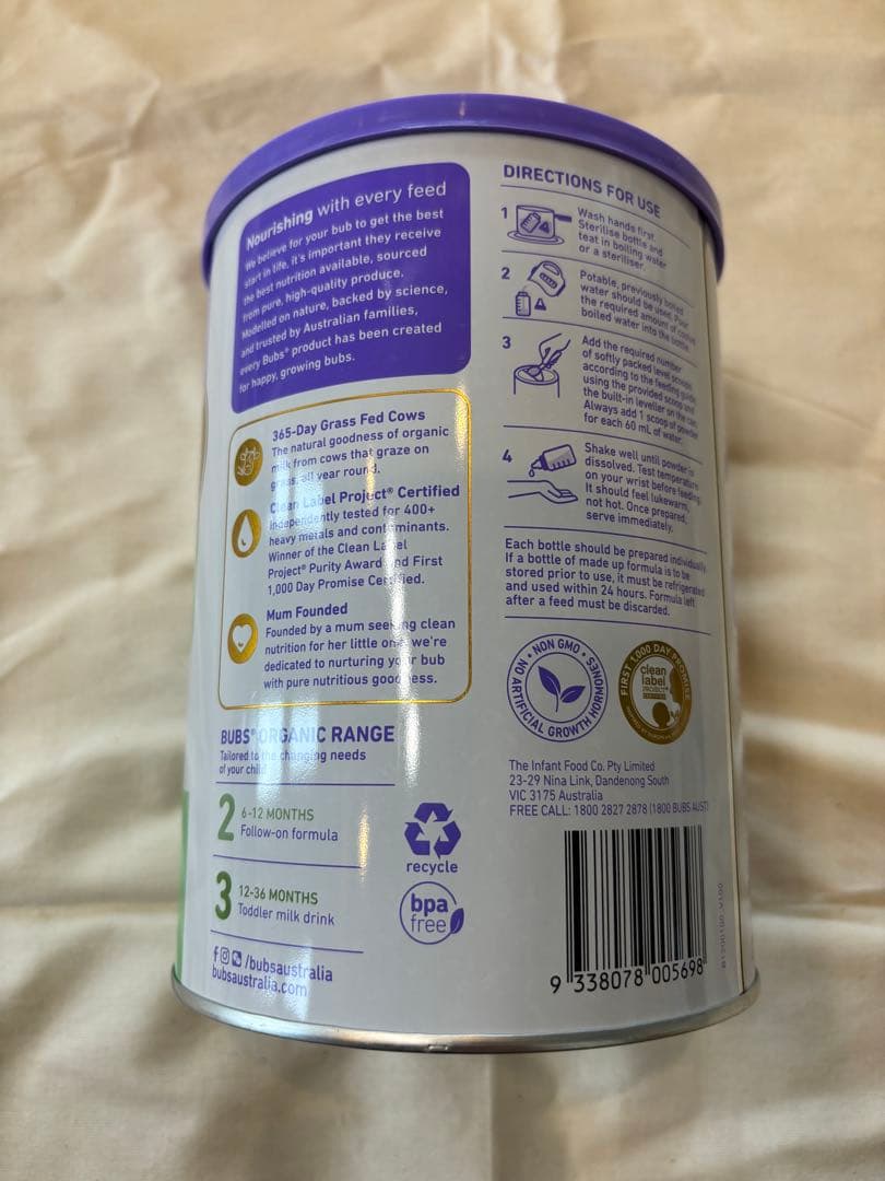 bubs Organic オーガニック粉ミルク 800g×2缶