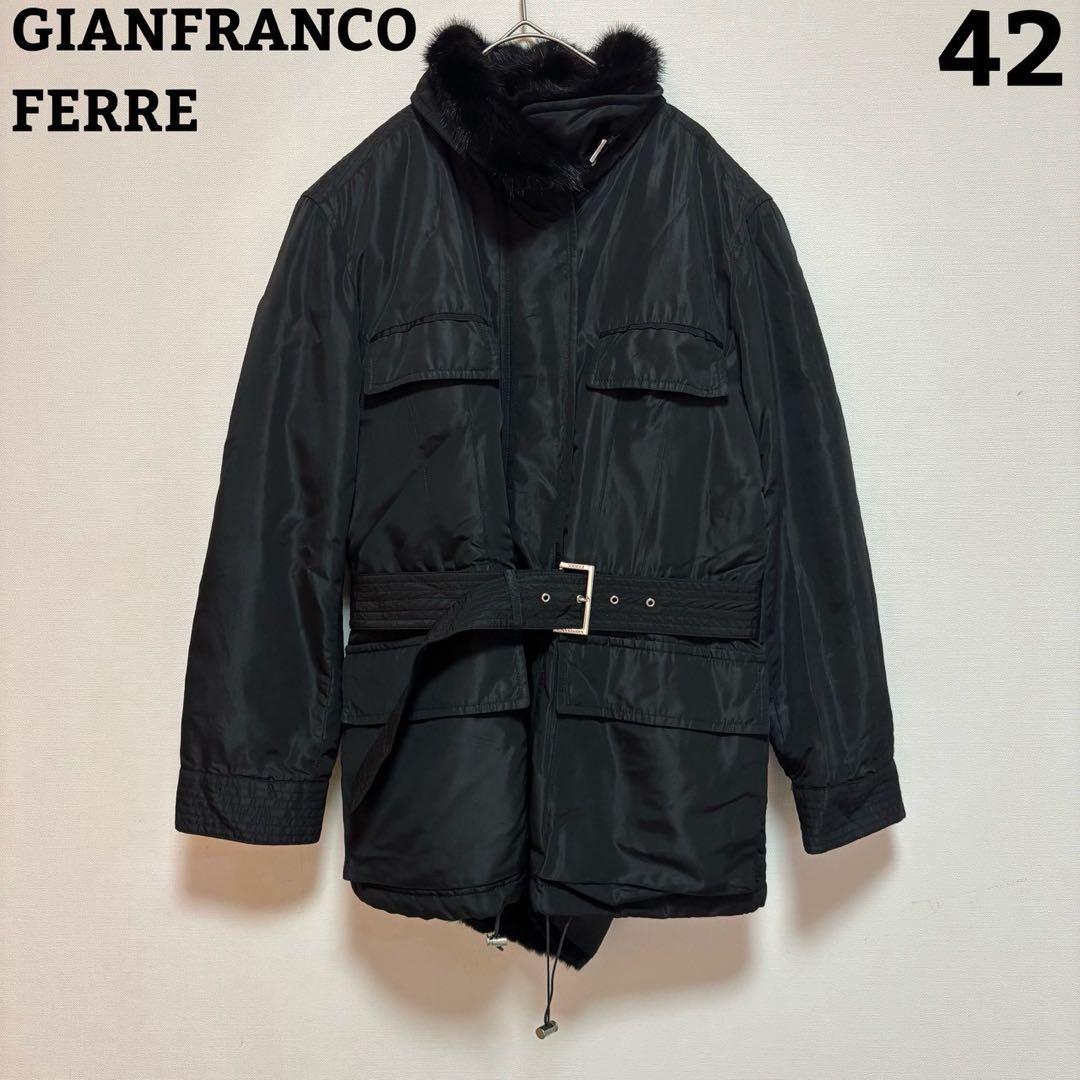 GIANFRANCO FERRE ベルト付きコート 黒 ブラック 42 アウター