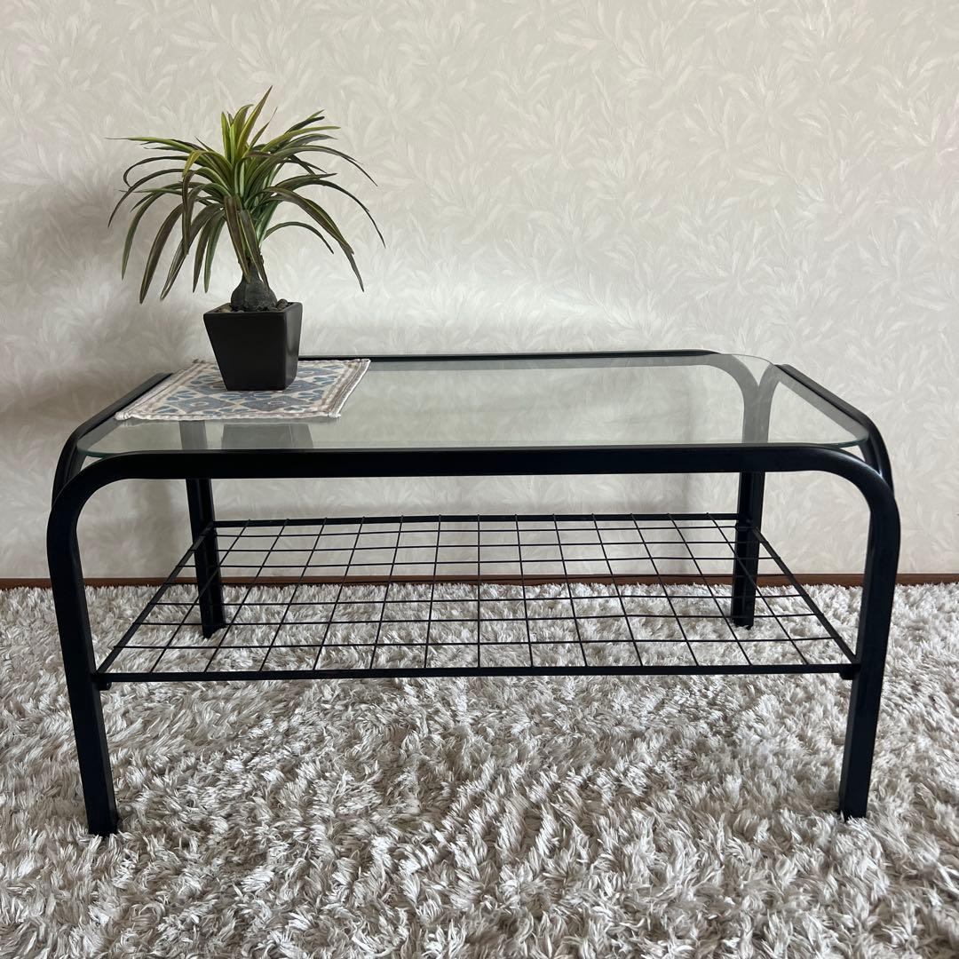 80's 90s アイアンフレーム 長方形 ガラスローテーブル 昭和レトロ