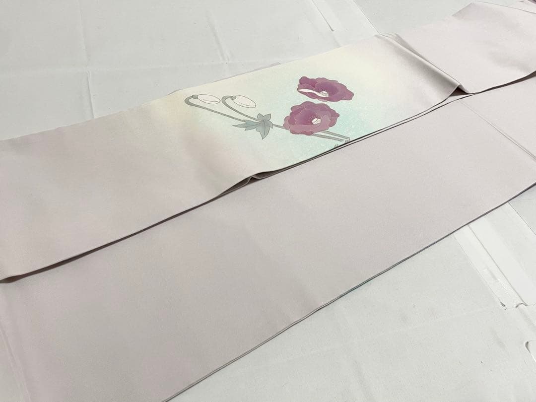 B5 塩瀬 作家物 落款入 ポピー 花模様 染め 紫 正絹 太鼓柄 名古屋帯