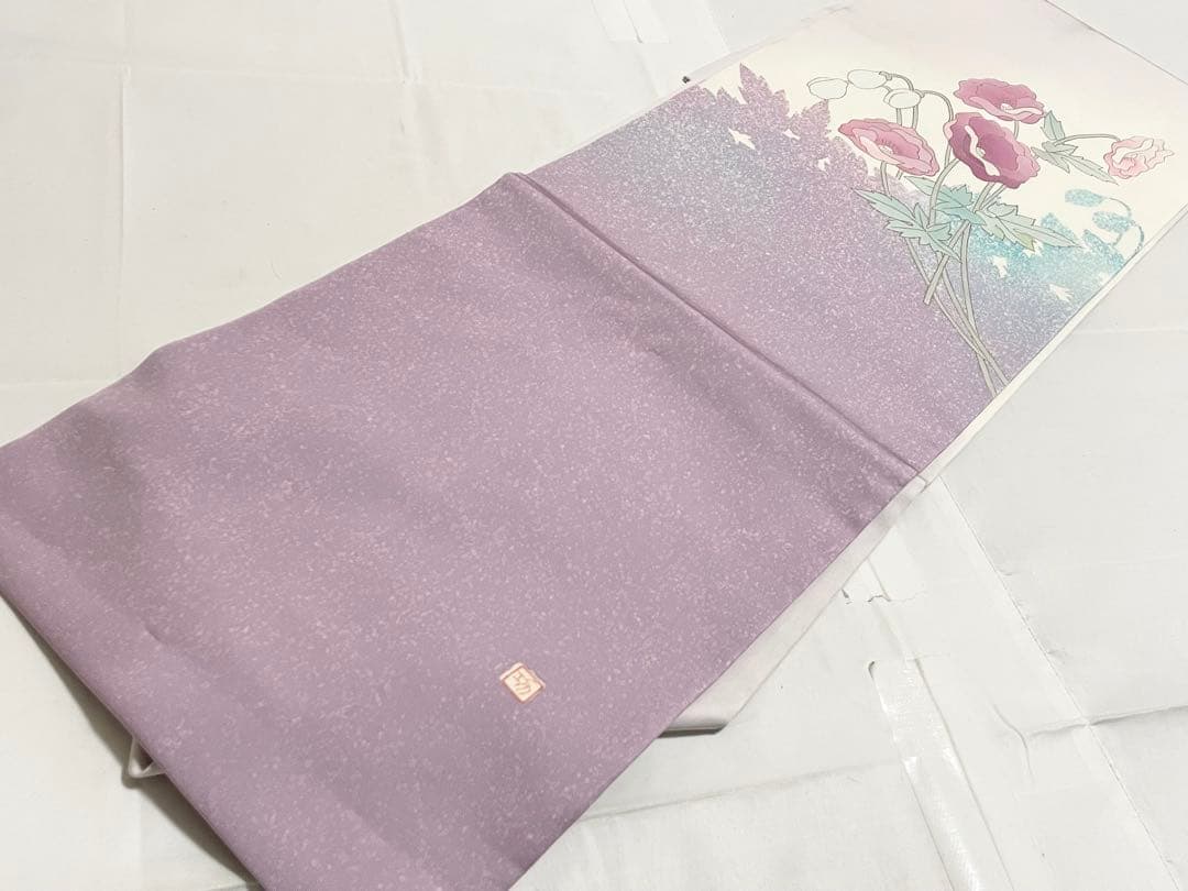 B5 塩瀬 作家物 落款入 ポピー 花模様 染め 紫 正絹 太鼓柄 名古屋帯