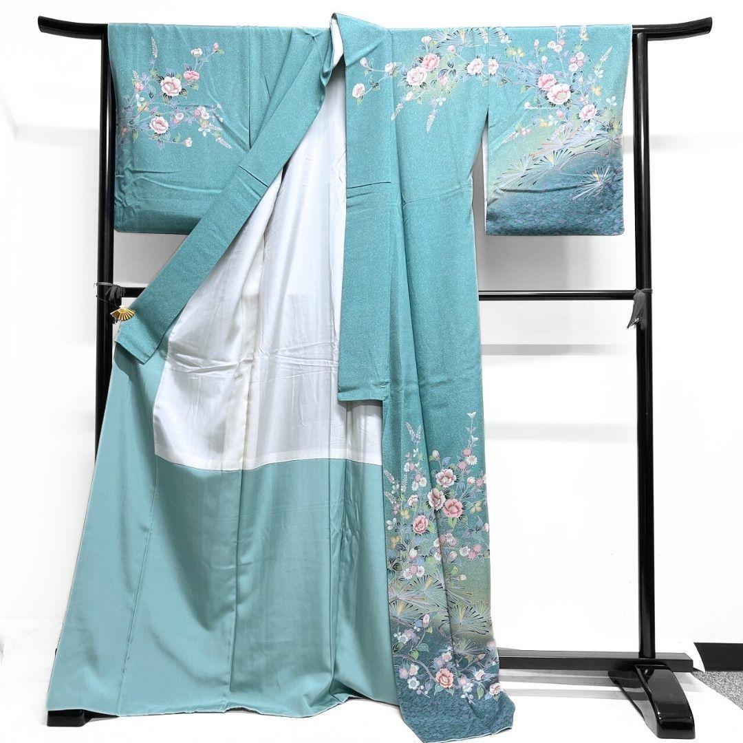 京加賀友禅　訪問着　紋無し　松　菊花　萩　花模様　着物　012b p ms