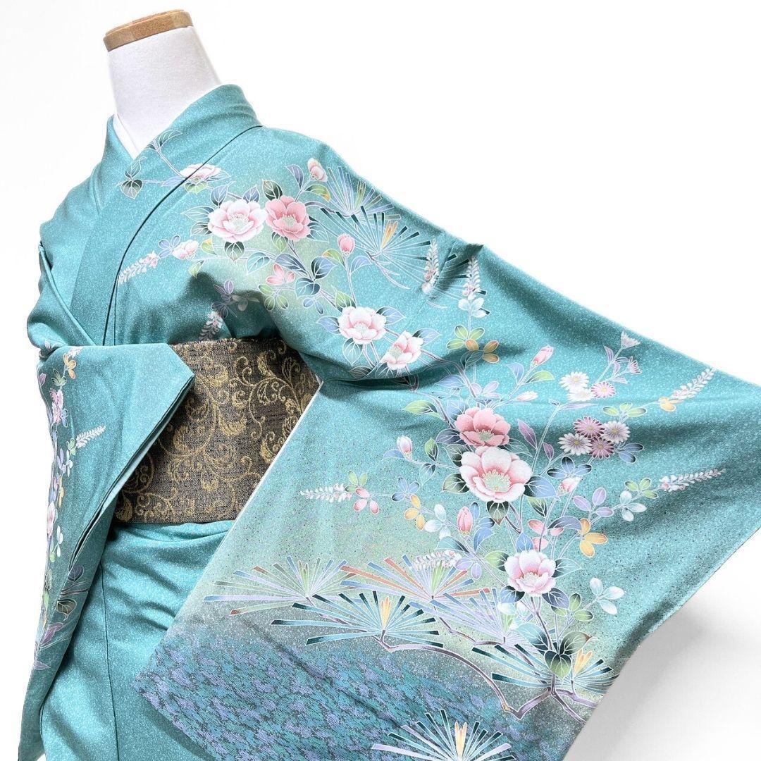 京加賀友禅　訪問着　紋無し　松　菊花　萩　花模様　着物　012b p ms