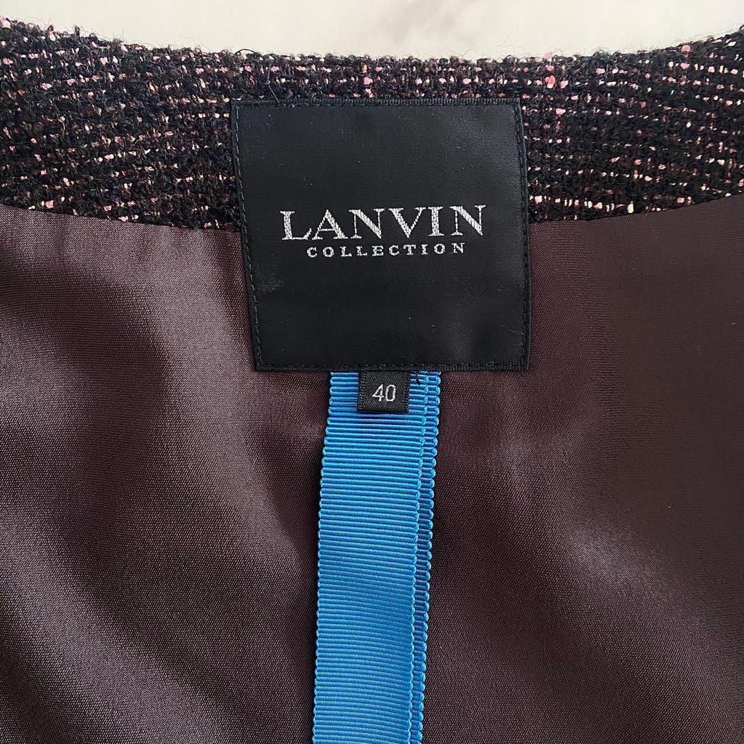 美品 ランバンコレクション ツイードノーカラージャケット マルチカラー 40