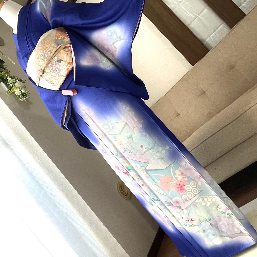 ブルー 友禅 4点 フルセット 訪問着 入学式 卒業式 入園式 春 秋 冬