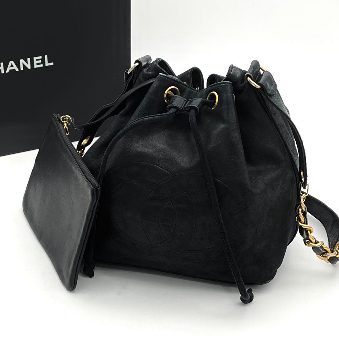 シャネル　ラムスキン　巾着　ハンドバッグ　ショルダーバッグ　ブラック　ココマーク