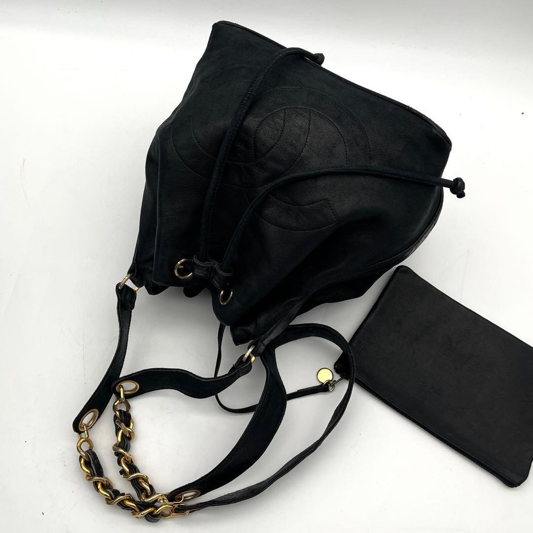 シャネル　ラムスキン　巾着　ハンドバッグ　ショルダーバッグ　ブラック　ココマーク