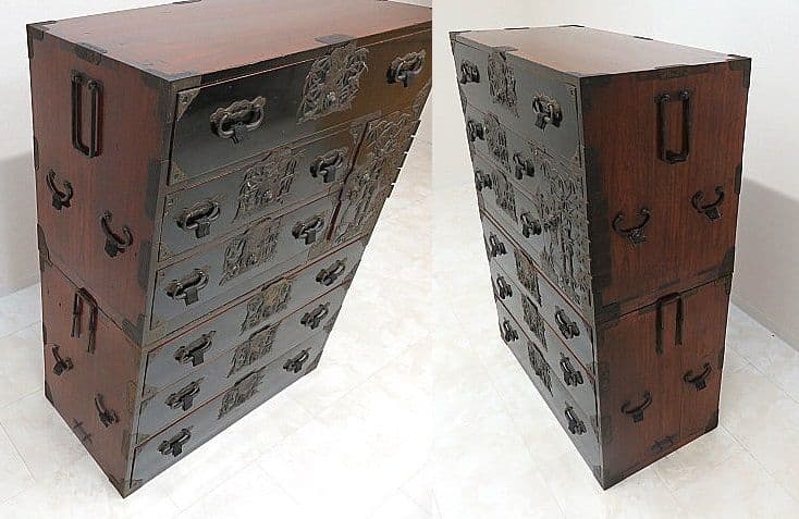 n*u様 黒漆時代箪笥　2段重ね　和箪笥/整理箪笥/着物箪笥　変わり金具/庄内箪