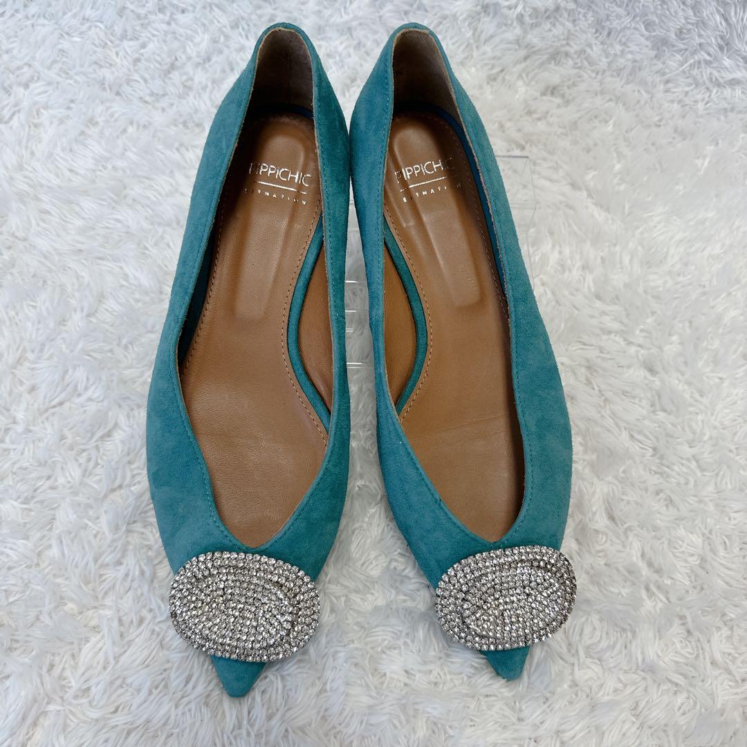 【良品】pippichic グリーン ビジュー付きフラットシューズ 37