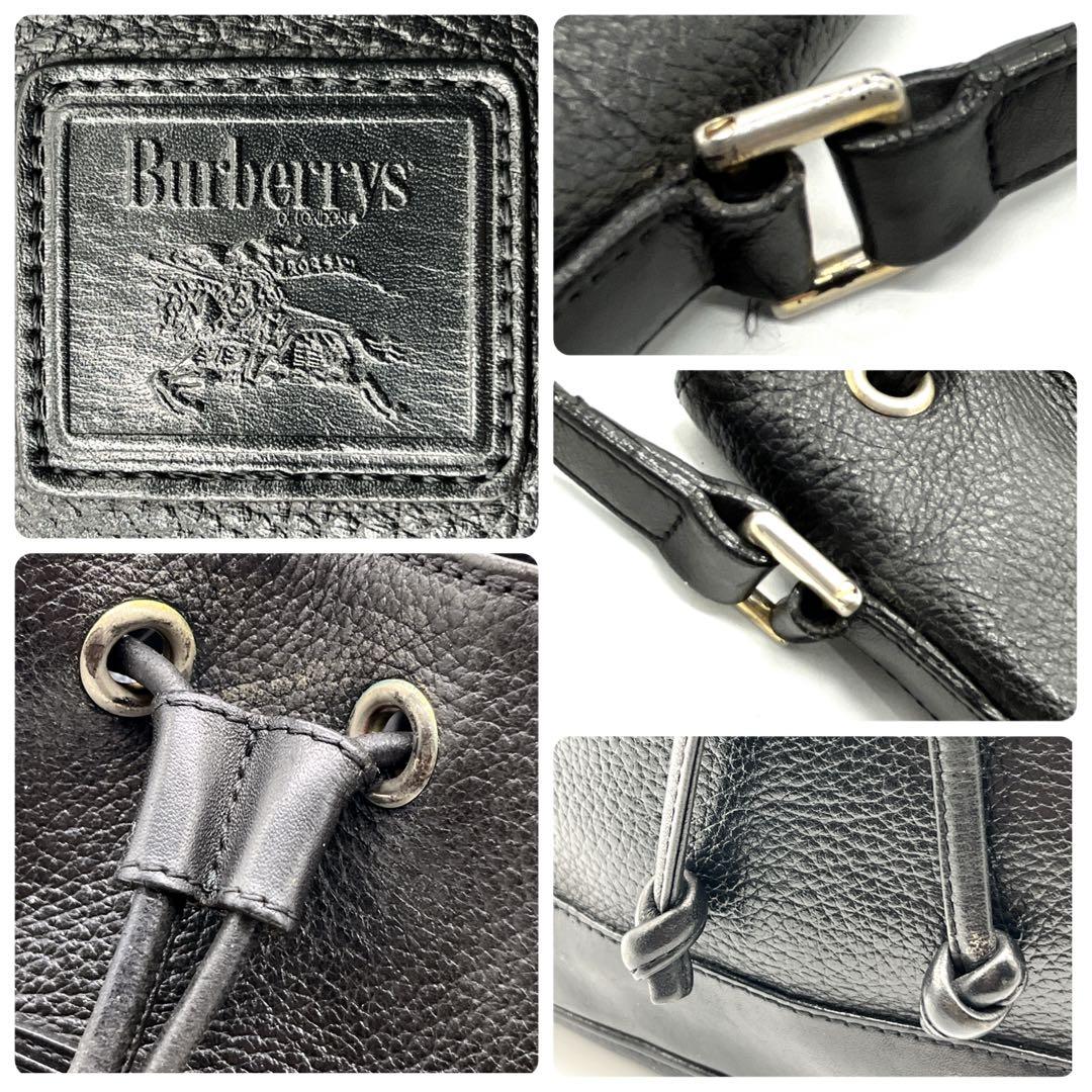 【90s 美品】バーバリー 巾着 レザー ホースロゴ ブラック ショルダーバッグ