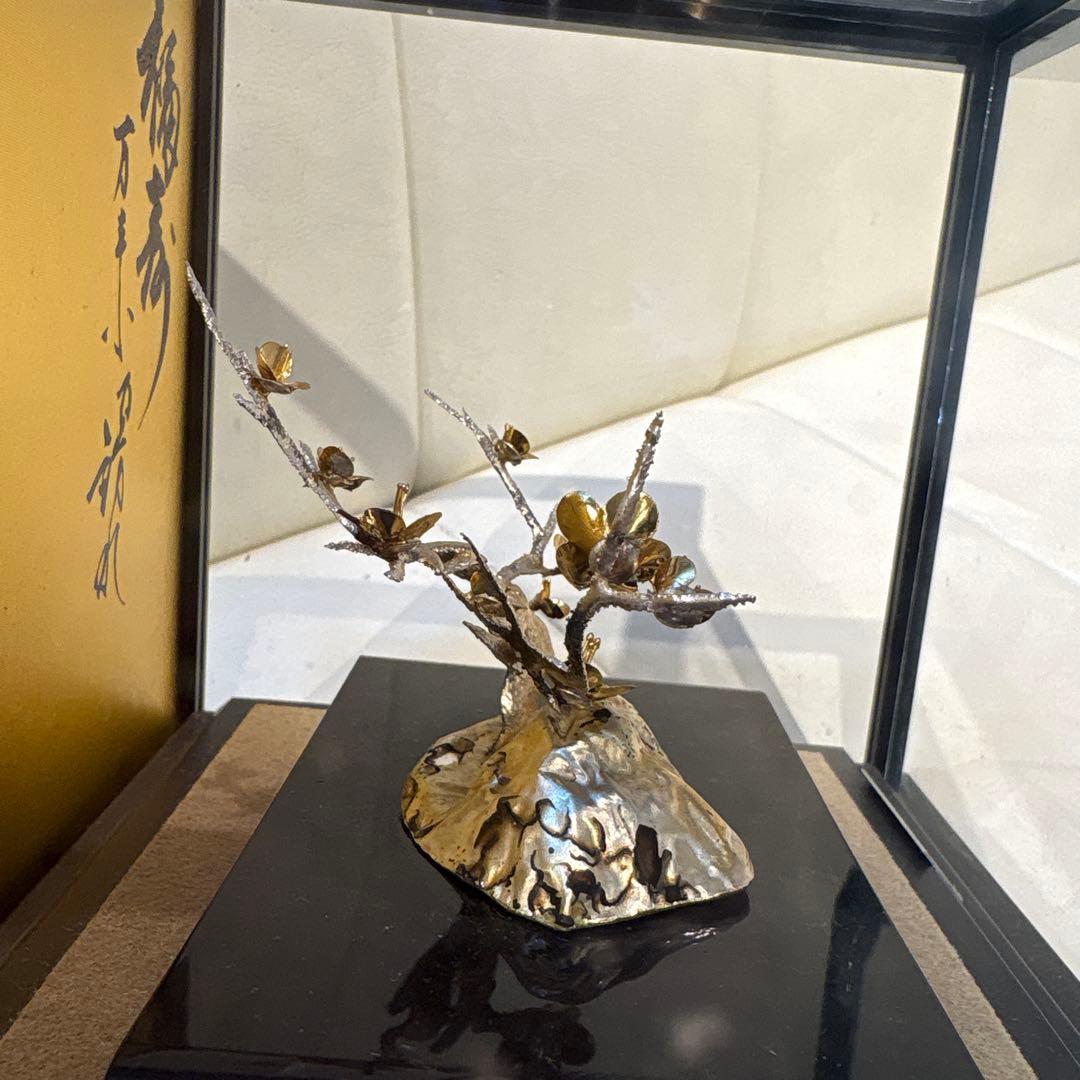 純銀製　松寿　置物　ガラスケース付き