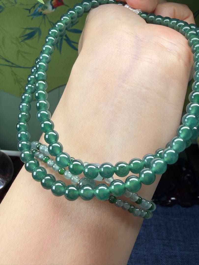 贅沢‼️天然本翡翠　高品質氷種藍緑色味翡翠一連ネックレス　鑑定書付き