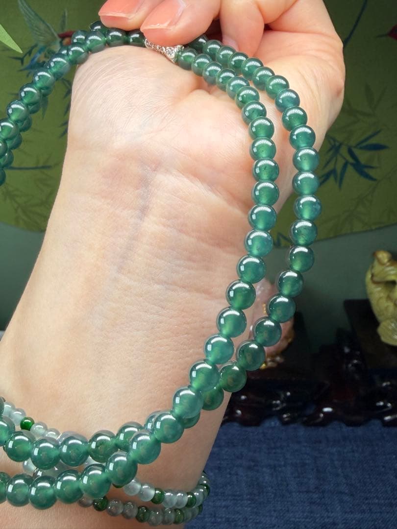 贅沢‼️天然本翡翠　高品質氷種藍緑色味翡翠一連ネックレス　鑑定書付き