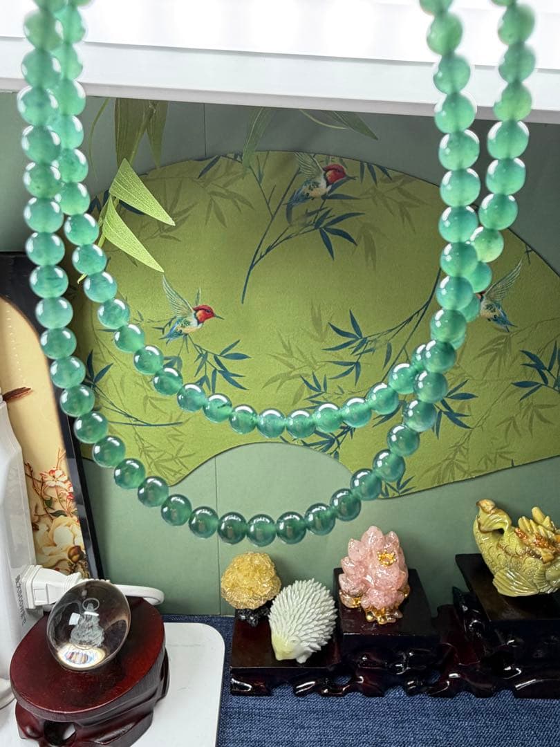 贅沢‼️天然本翡翠　高品質氷種藍緑色味翡翠一連ネックレス　鑑定書付き