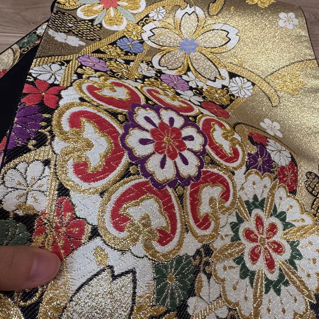 超美品　正絹　袋帯　六通　着物　振袖用　成人式　443 金　黒　白　桜　ピンク