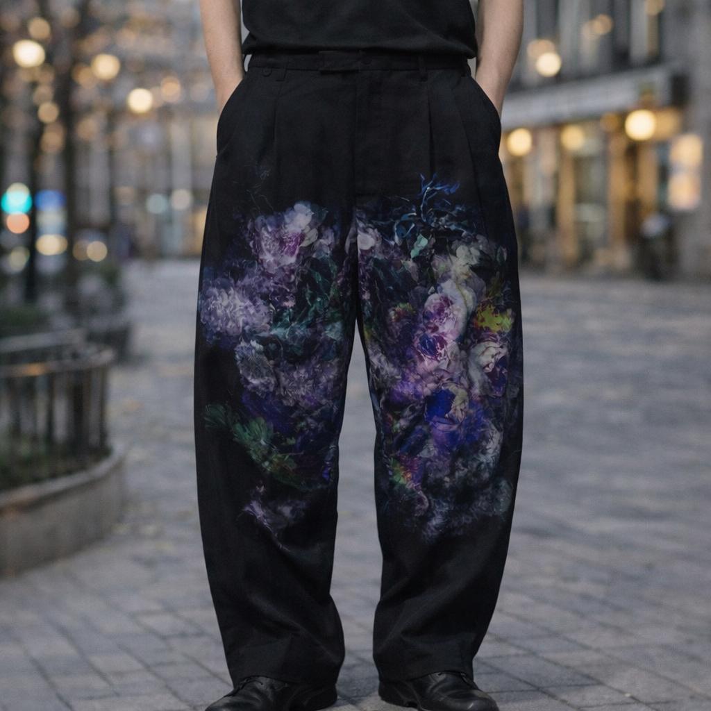 【完売】LAD MUSICIAN　ツータックテーパードワイドスラックス 花柄 黒